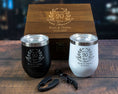 Load image into Gallery viewer, Wine tumblers custom engraved for couples anniversary and in a wood gift box