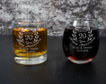 Load image into Gallery viewer, Whiskey and wine glass engraved for a couples anniversary