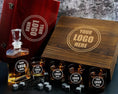 Load image into Gallery viewer, Your Company Logo on a Whiskey Decanter Gift Set in a Wood Box with Whiskey Stones