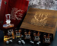 Load image into Gallery viewer, Deer Hunter Personalized Whiskey Decanter Set and 4 Glasses in Wood Gift Box