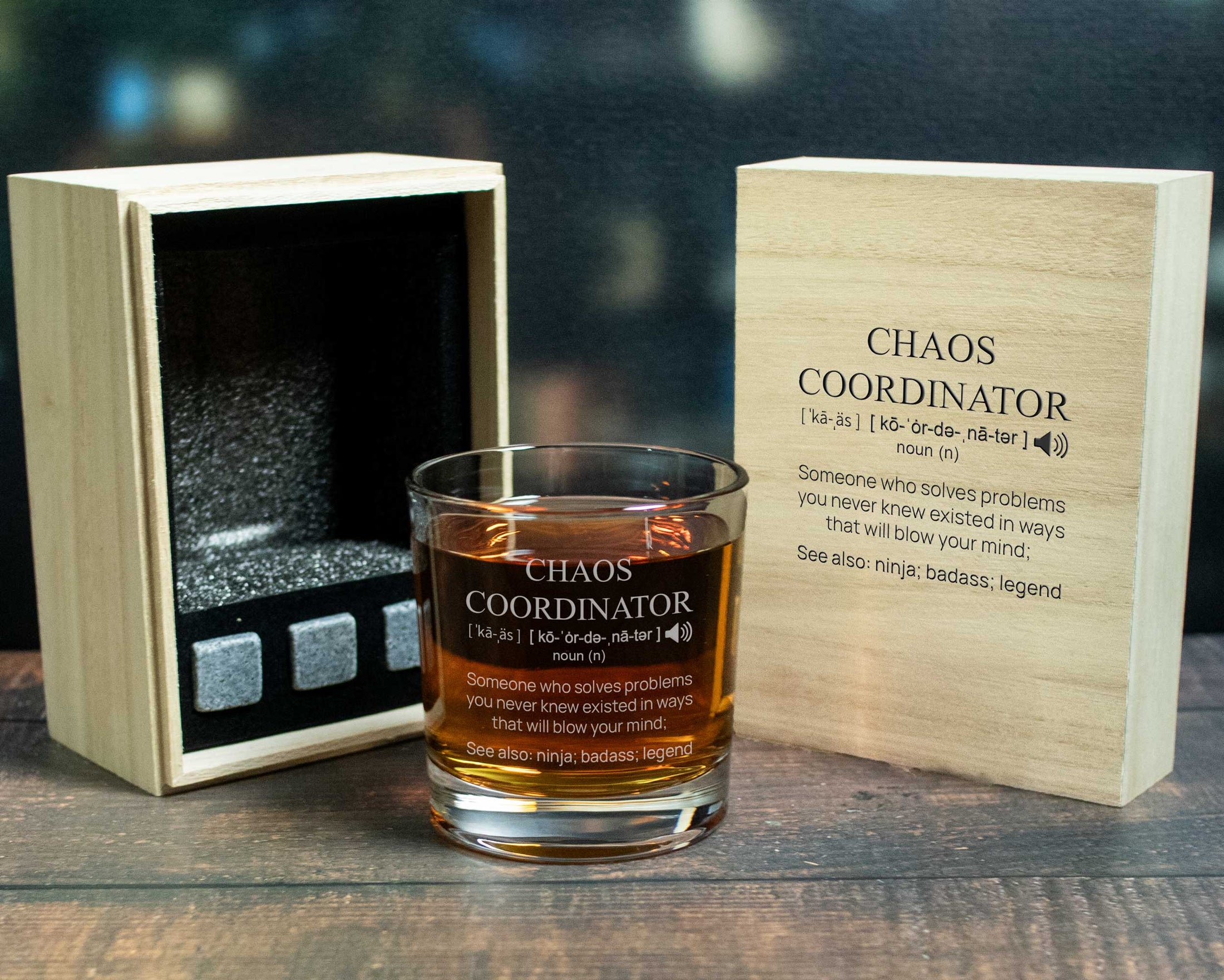 Chaos coordinator and definition engraved on a whiskey glass with wood gift box