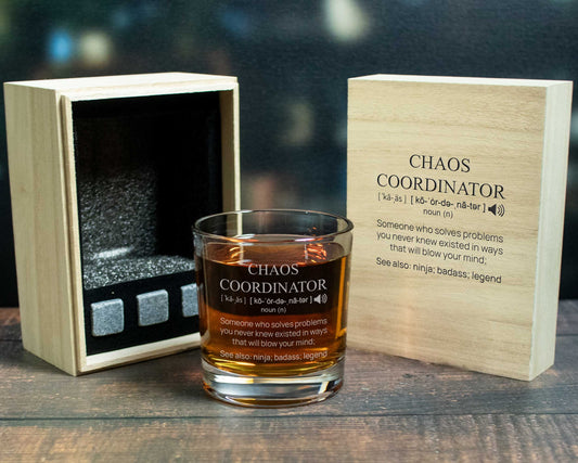 Chaos coordinator and definition engraved on a whiskey glass with wood gift box