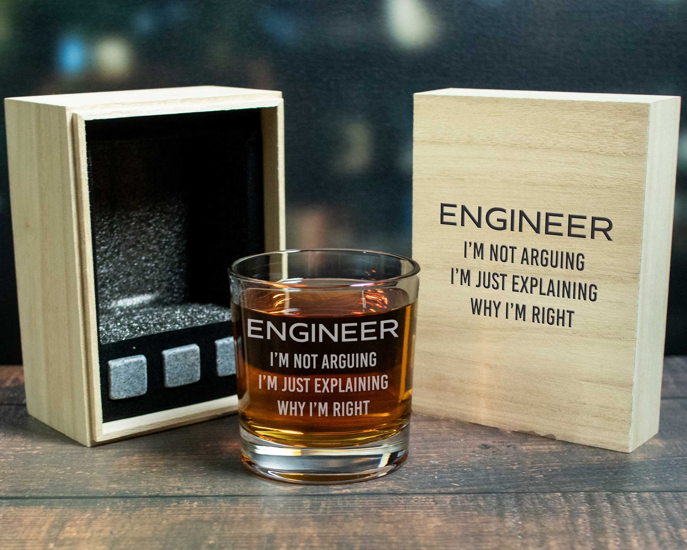 Engineer saying on a whiskey glass with engraved wood box