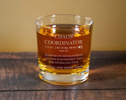 Chaos coordinator and definition engraved on a whiskey glass