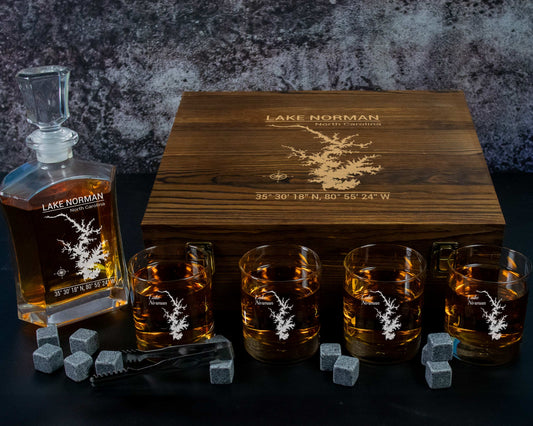 Engraved Whiskey Decanter with 4 glasses and whiskey stones in a beautiful engraved wooden box