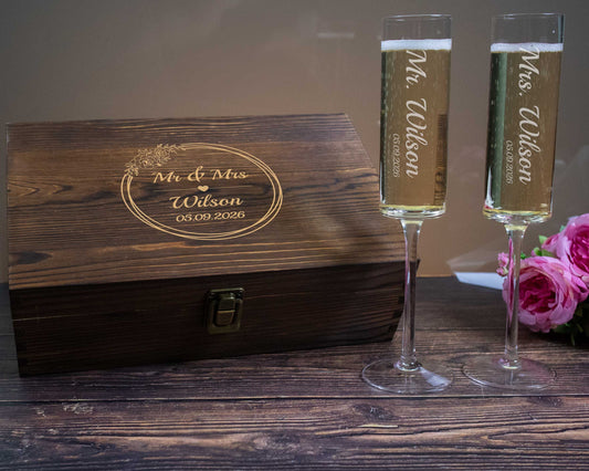Wood Box with toasting flutes engraved