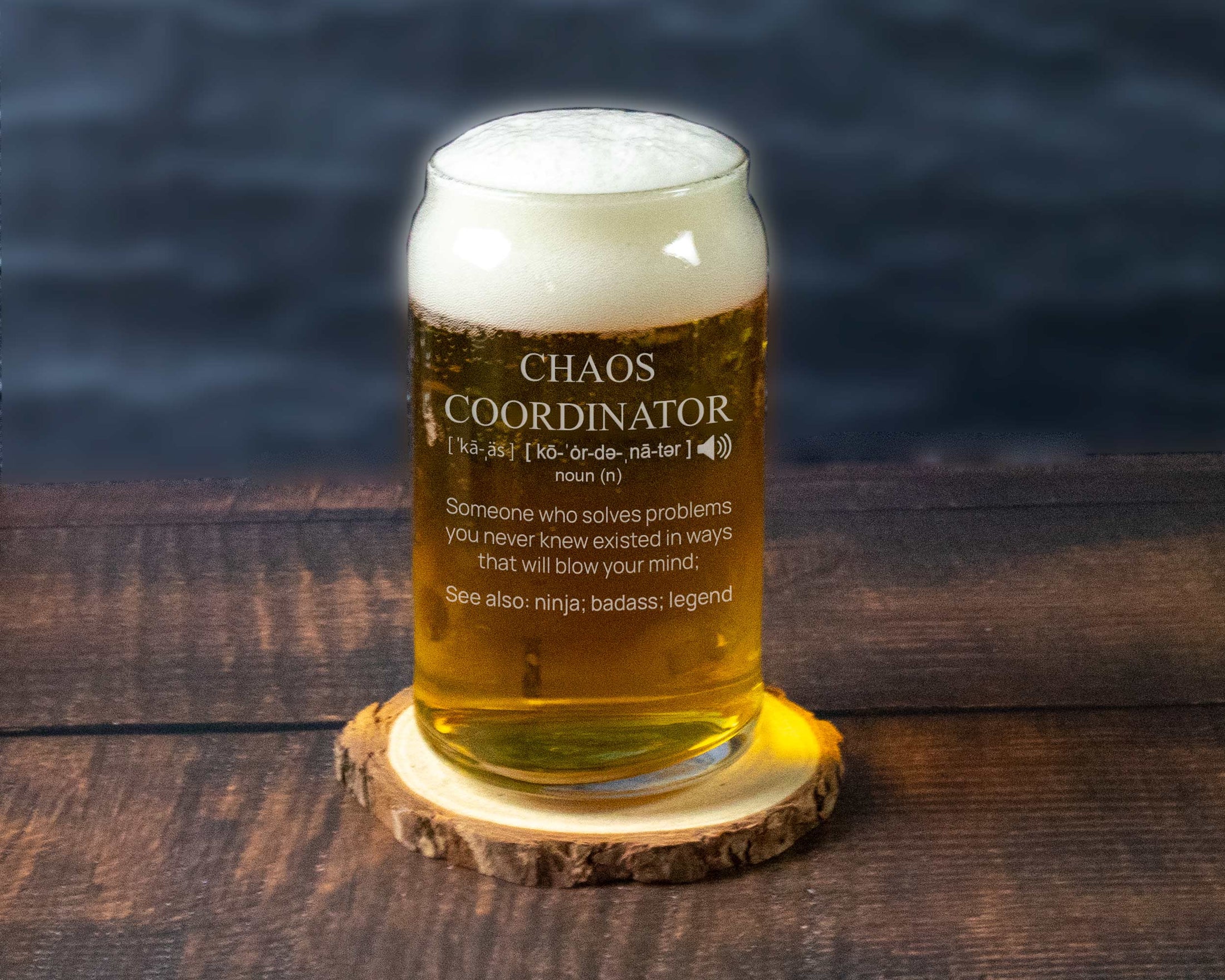 Chaos coordinator and definition engraved on a beer can glass
