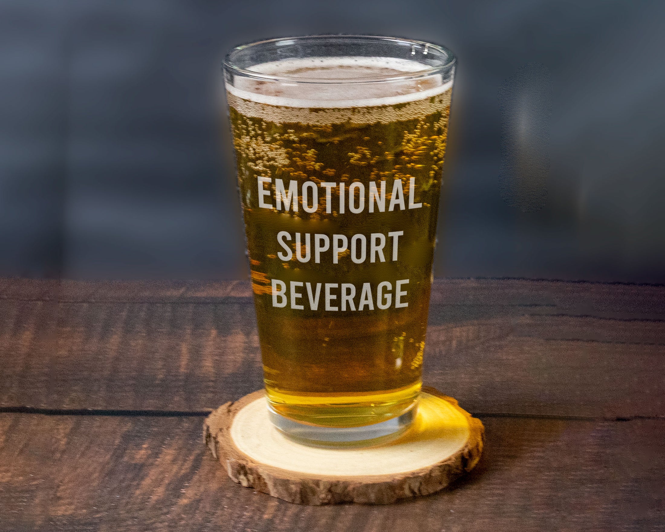 Emotional support beverage in the form of a pint glass