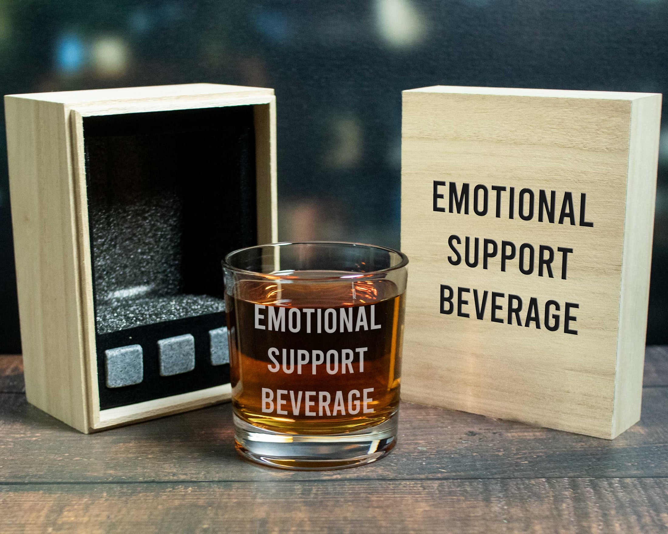 Emotional support beverage in the form of a whiskey glass with a wood box
