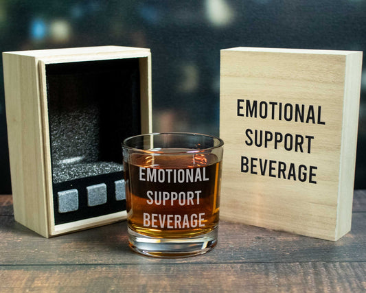 Emotional support beverage in the form of a whiskey glass with a wood box