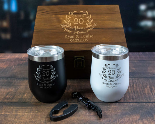 Wine tumblers custom engraved for couples anniversary and in a wood gift box