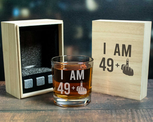 I am 49 + 1 middle finger engraved on a whiskey glass with a wood gift box