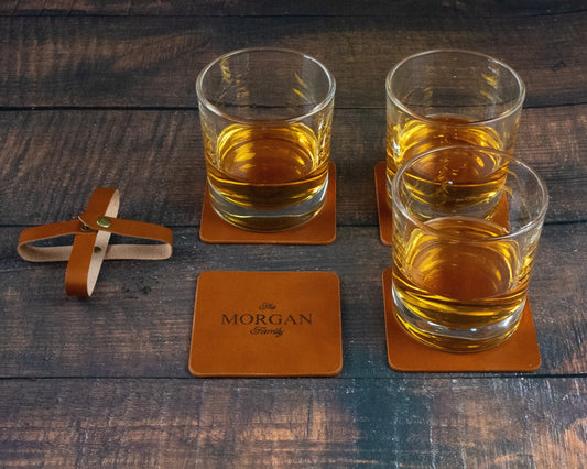 Personalized Square Leather Coasters - Set of 4 Housewarming 