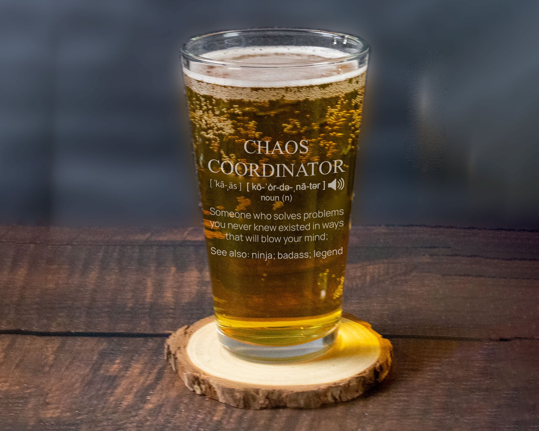 Chaos coordinator and definition engraved on a pint glass
