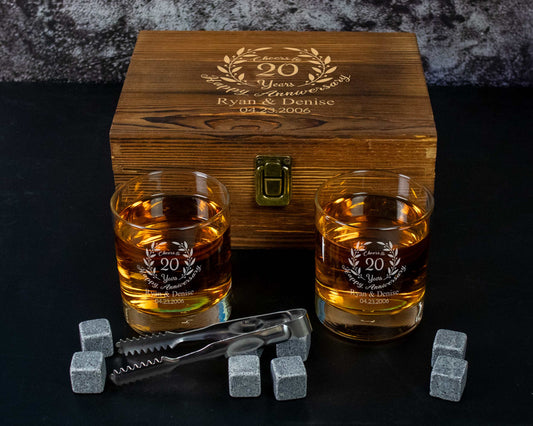 Custom anniversary engraved whiskey glasses in a wood gift box