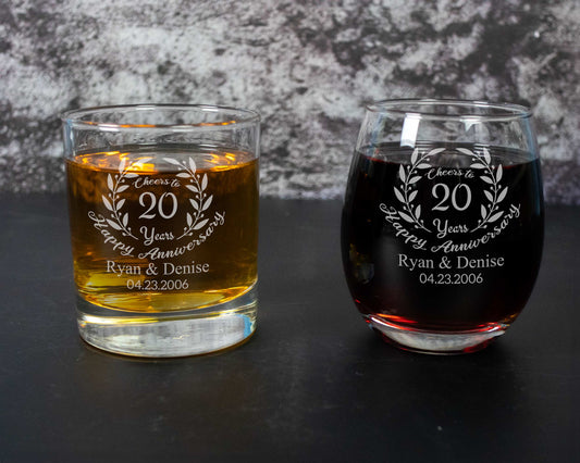 Whiskey and wine glass engraved for a couples anniversary
