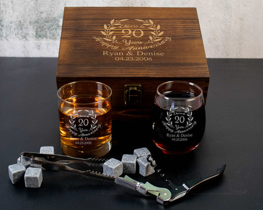 Whiskey and wine glass engraved for a couples anniversary including a wood gift box
