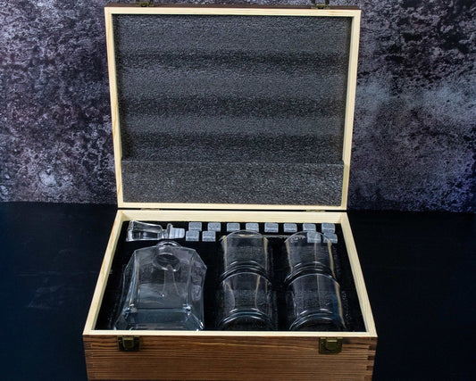 Your Company Logo on a Whiskey Decanter Gift Set in a Wood Box with Whiskey Stones