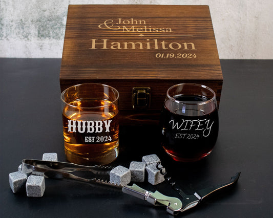 Hubby and Wifey Engraved Glasses in Wood Box